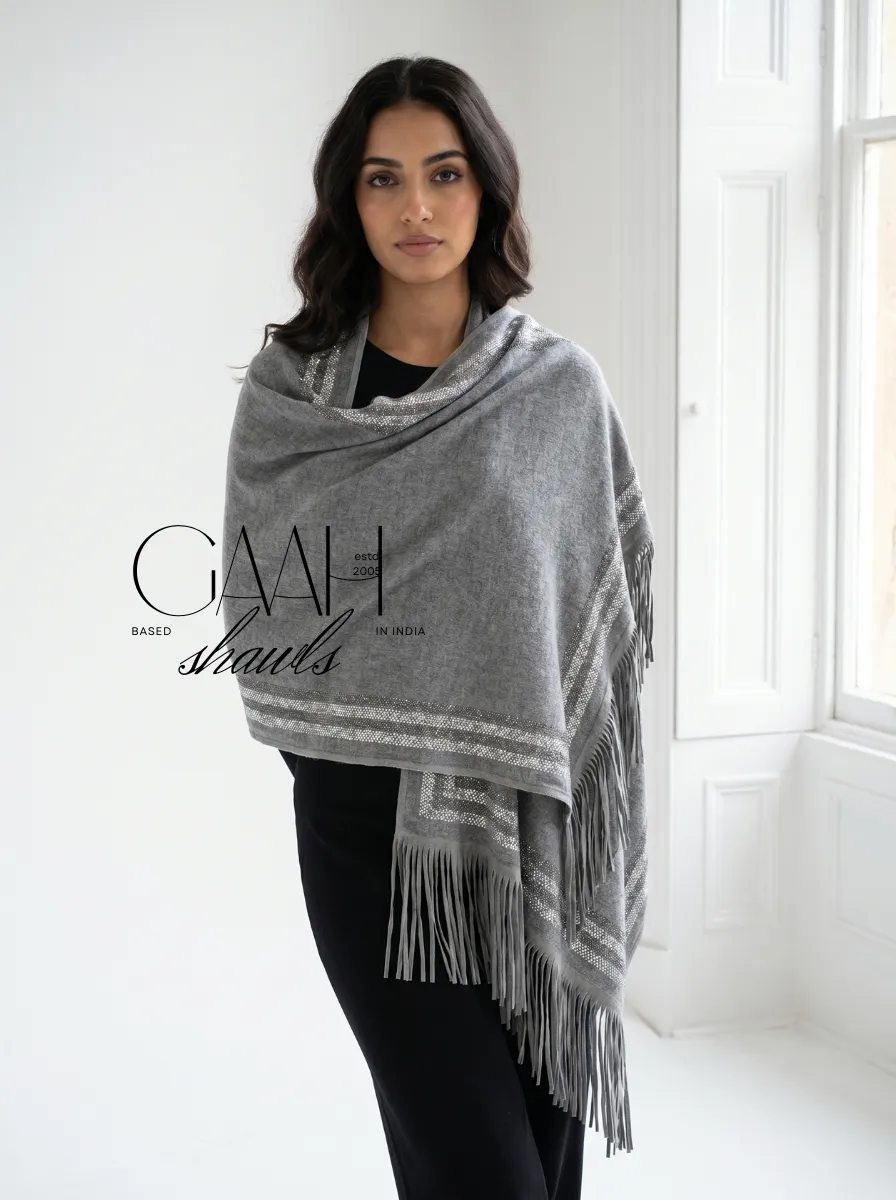 Cashmere Swarovski Shawl With Suede Fringes