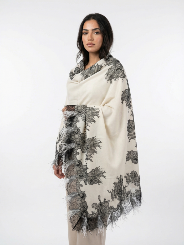 Pashmina Lace Shawl With 4 Side Feathers