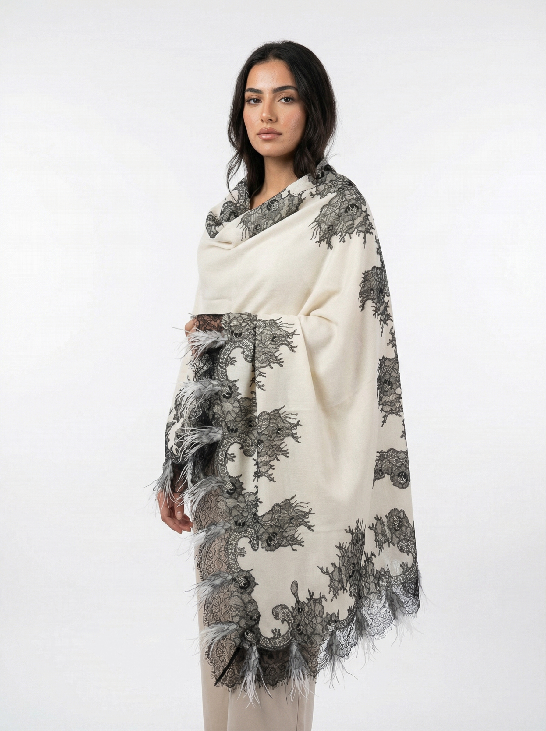 Pashmina Lace Shawl With 4 Side Feathers