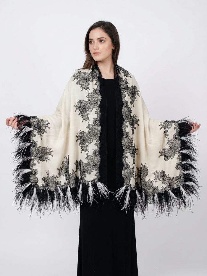 pashmina lace shawl with 4 side feathers