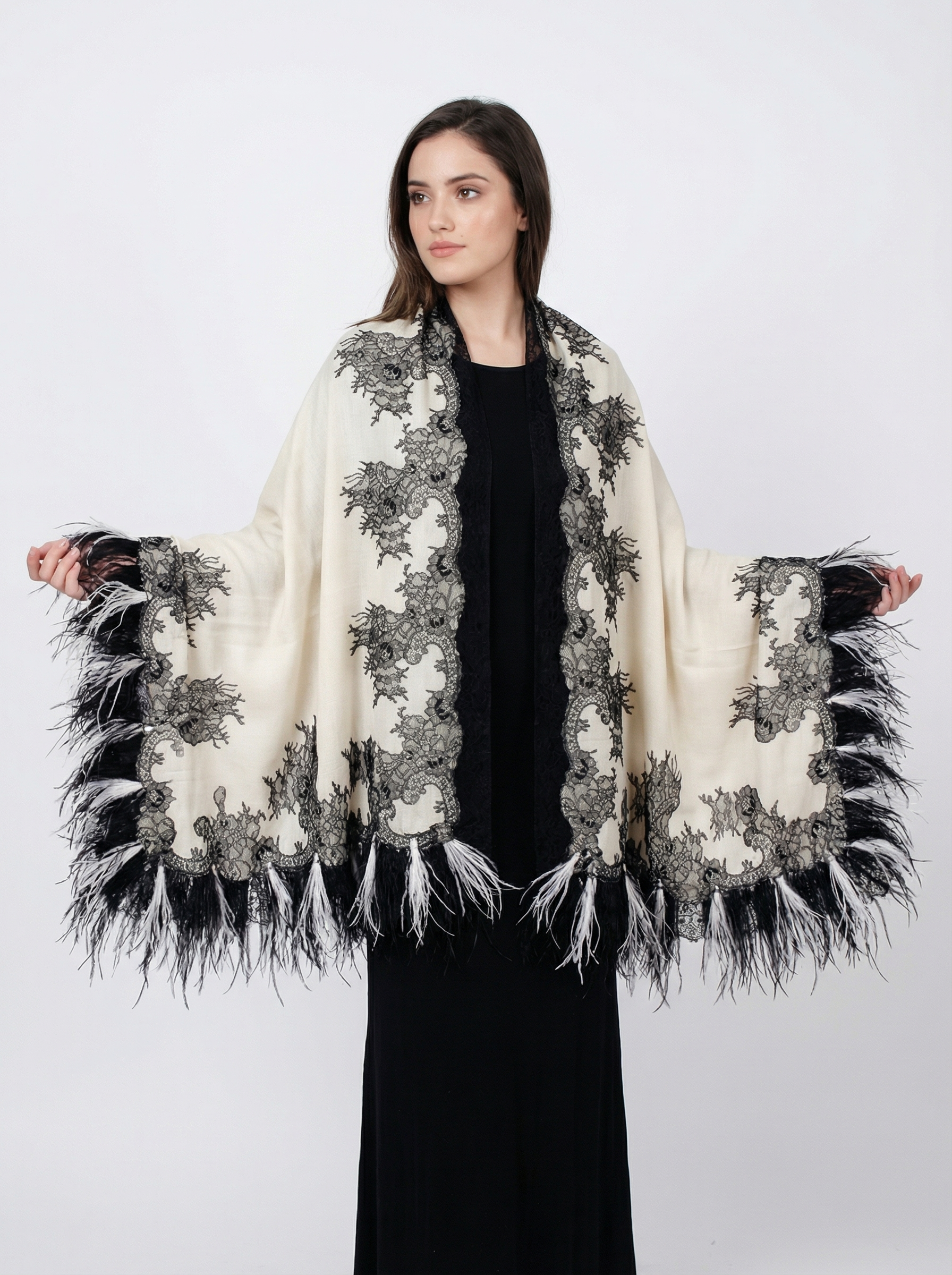 pashmina lace shawl with 4 side feathers