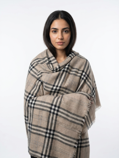 100% pure pashmina plaid shawl – classic beige check luxury wrap