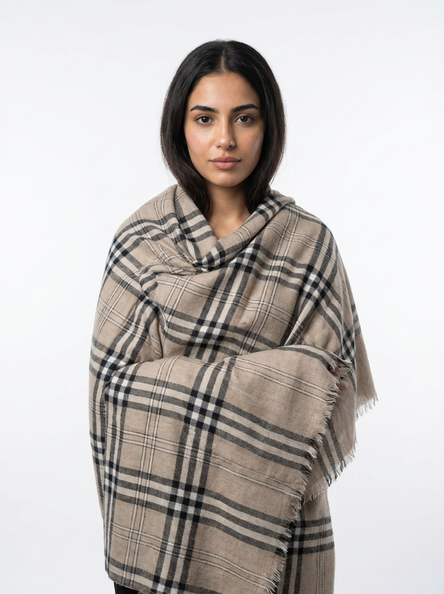 100% pure pashmina plaid shawl – classic beige check luxury wrap