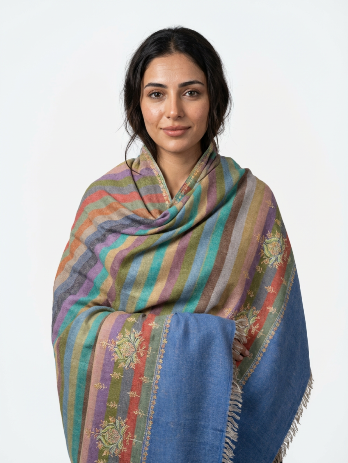 100% pure pashmina multicolor striped shawl with sozni embroidery