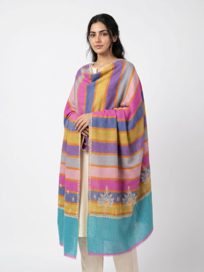 100% pure pashmina multicolor shawl with sozni embroidered border