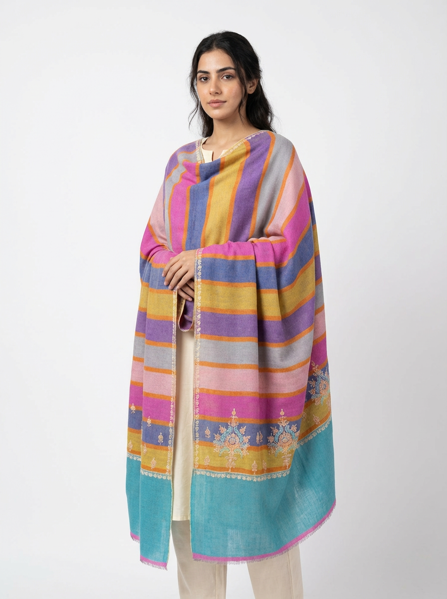 100% pure pashmina multicolor shawl with sozni embroidered border