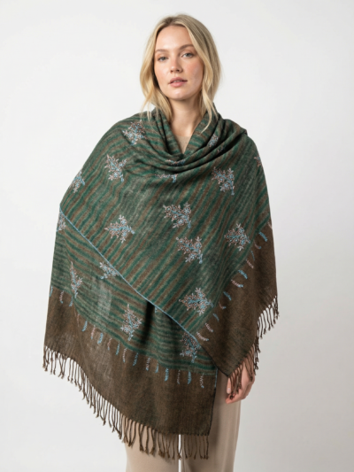 pure pashmina green striped shawl with sozni embroidery
