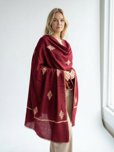 100% pure pashmina burgundy shawl with sozni embroidery – handcrafted heritage