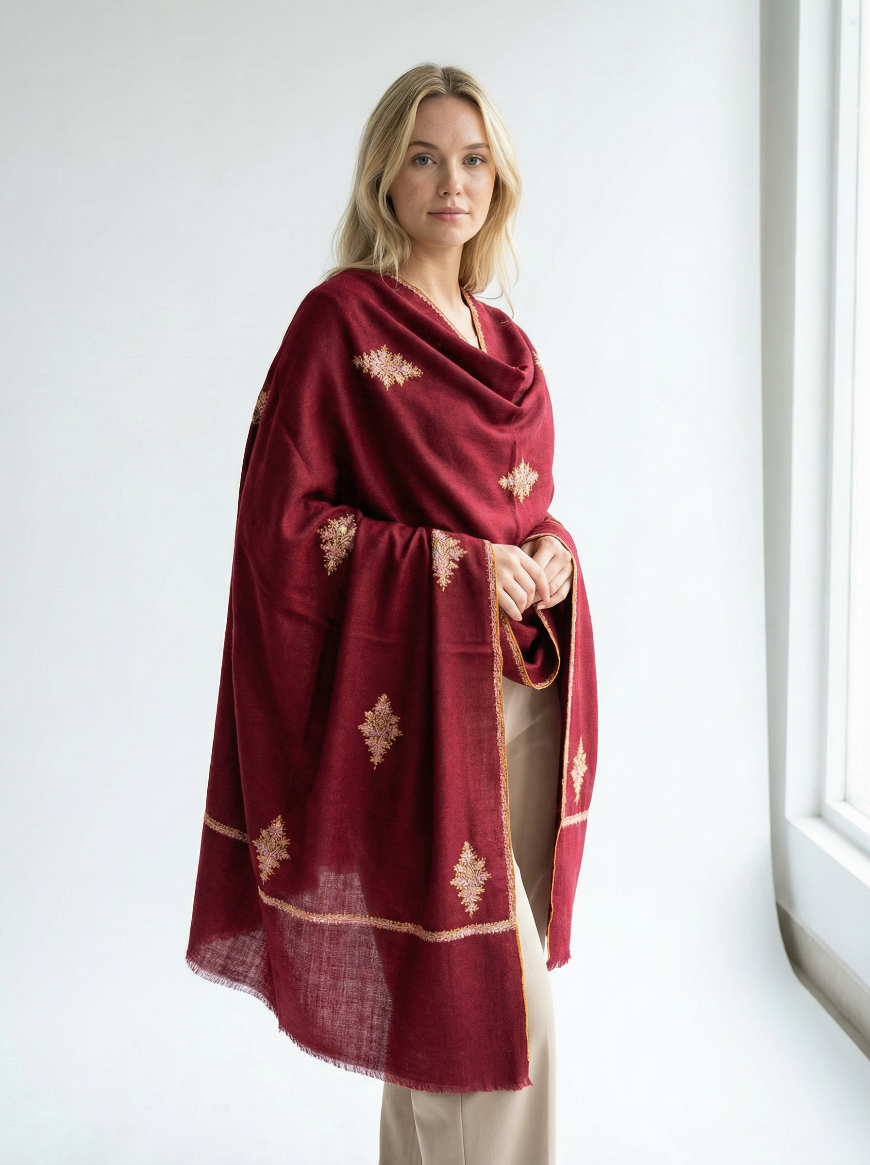 100% pure pashmina burgundy shawl with sozni embroidery – handcrafted heritage