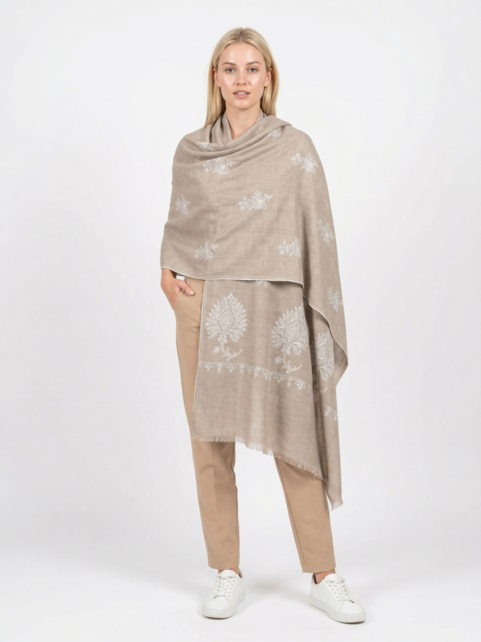 100% pure pashmina beige shawl with sozni embroidery