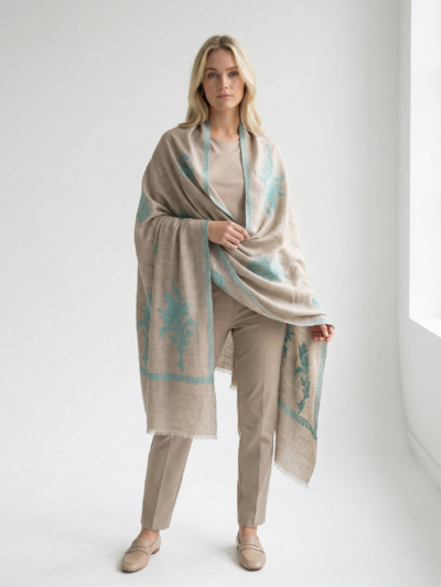 100% Pure Pashmina Beige Shawl with Sozni Embroidery Border