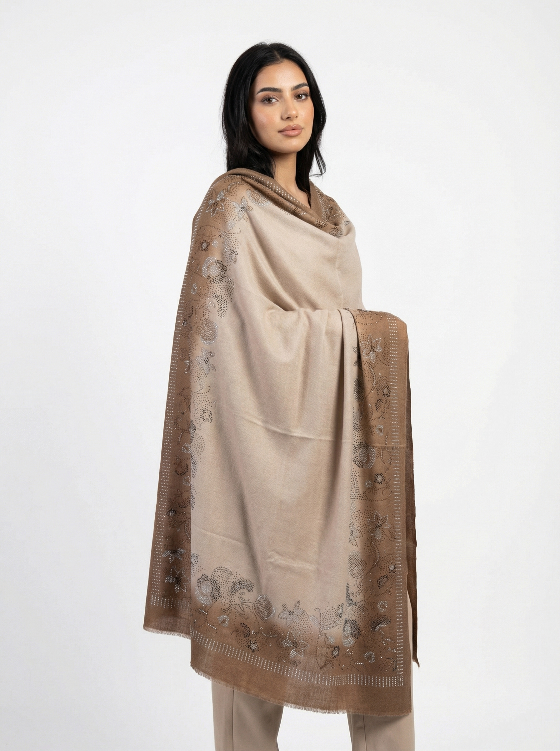 Pashmina Shawl With Floral Swarovski Border Design