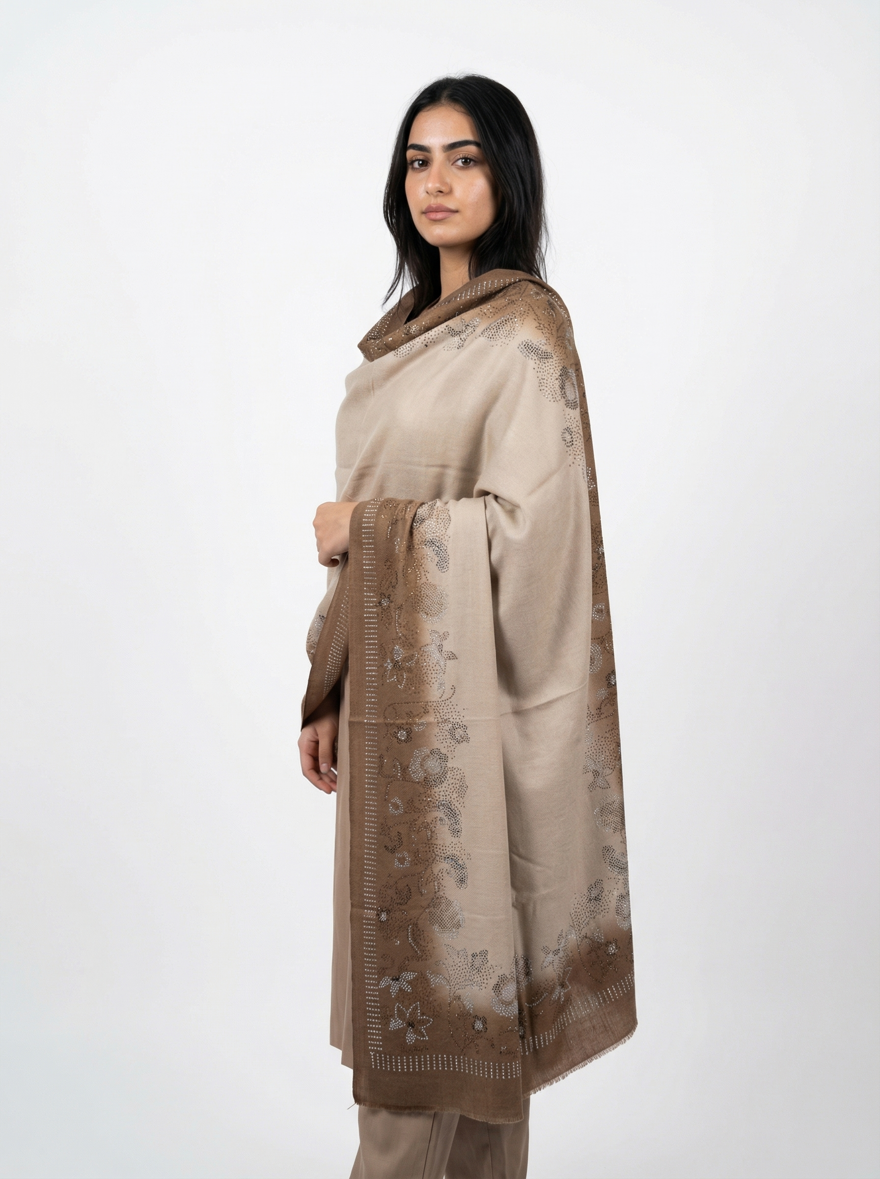 Pashmina Shawl With Floral Swarovski Border Design