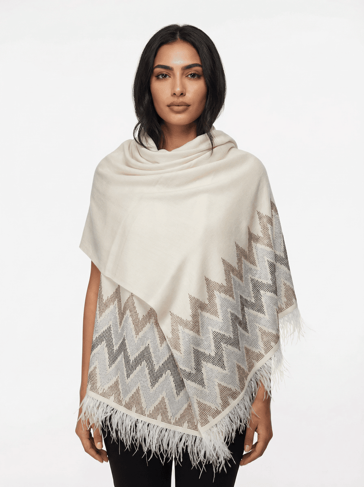 Swarovski Zig Zag Pashmina Shawl with Feather Trim