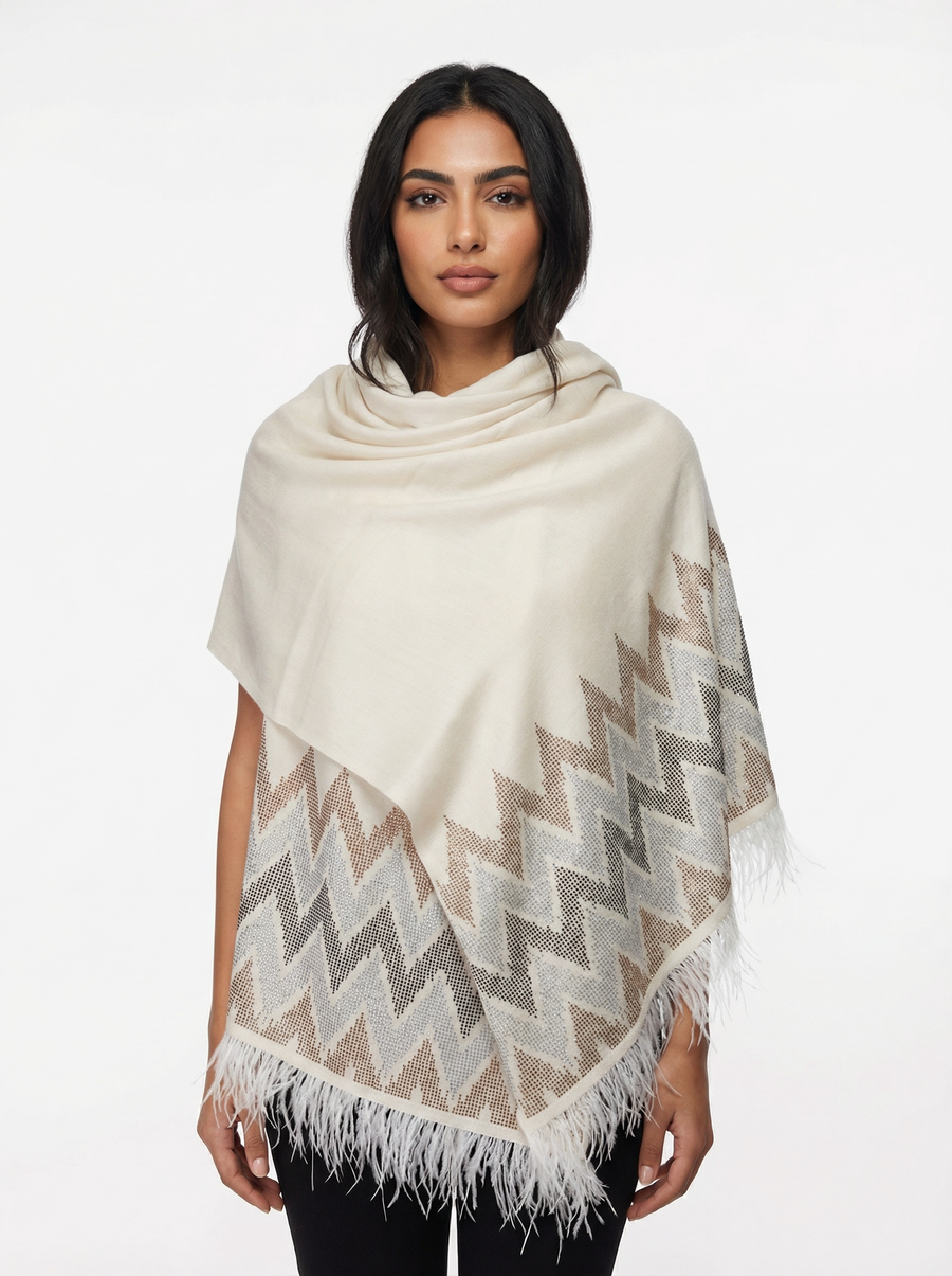 Swarovski Chevron Pashmina Shawl with Feather Trim