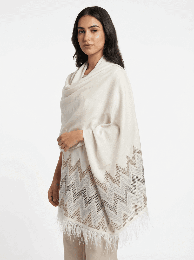 Swarovski Zig Zag Pashmina Shawl with Feather Trim