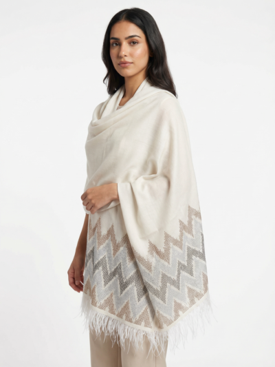Swarovski Chevron Pashmina Shawl with Feather Trim