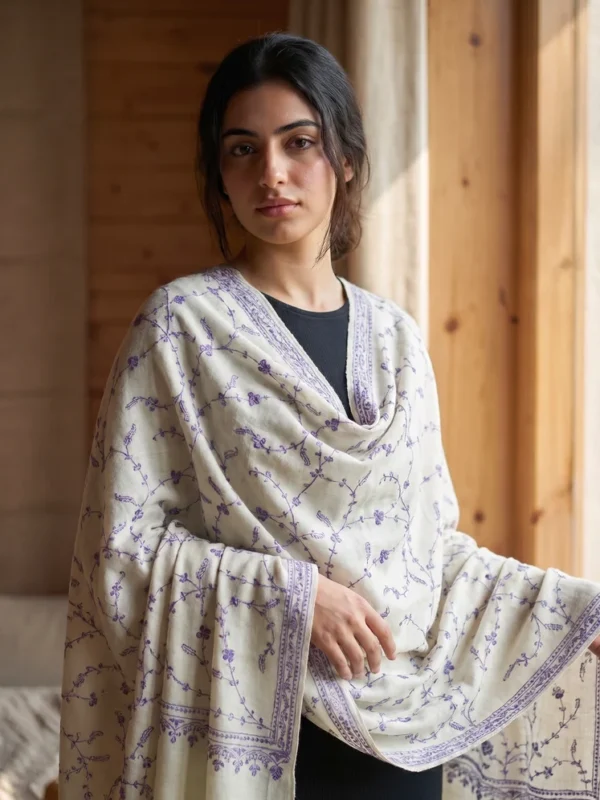 Ivory Sozni Heritage Pure Pashmina Shawl