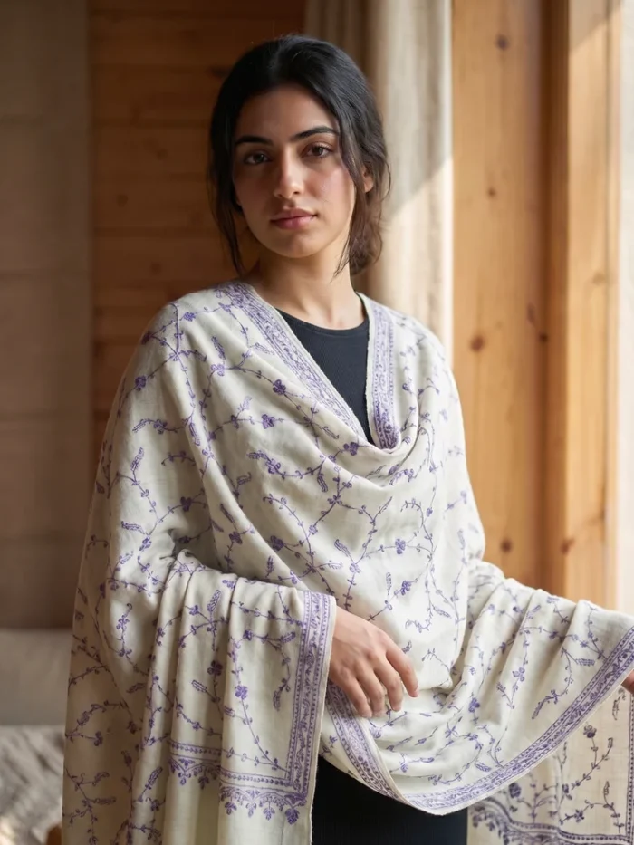 Ivory Sozni Heritage Pure Pashmina Shawl