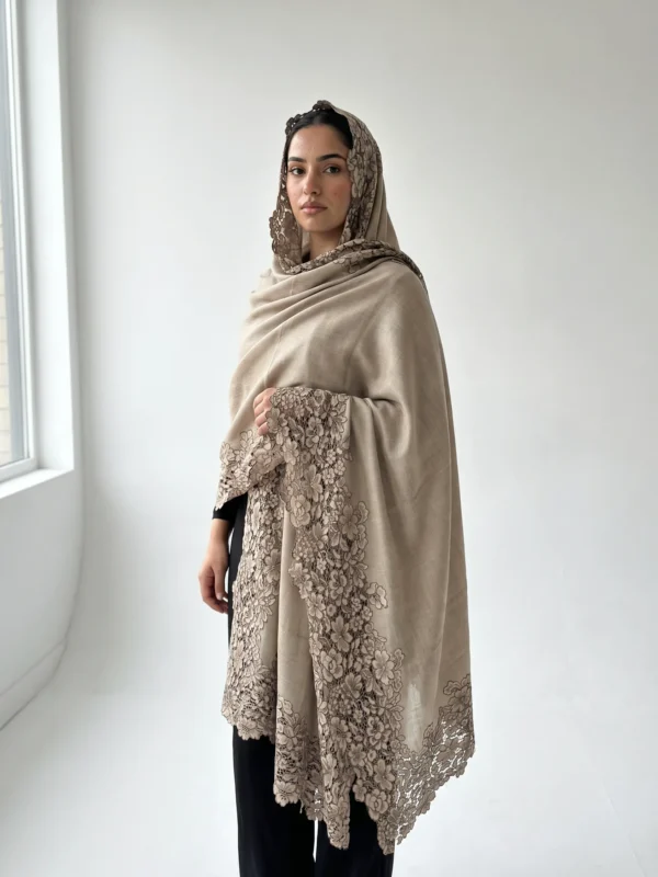 Beige Pashmina Shawl with Intricate Floral Lace Border