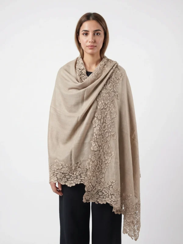 Beige Pashmina Shawl with Intricate Floral Lace Border