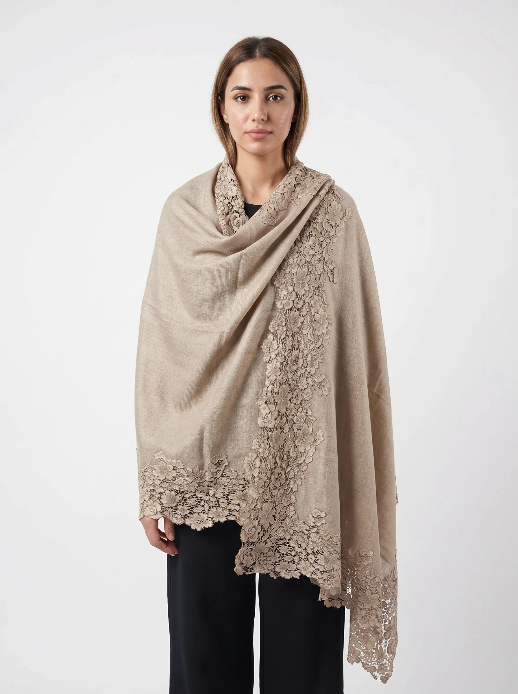 Beige Pashmina Shawl with Intricate Floral Lace Border
