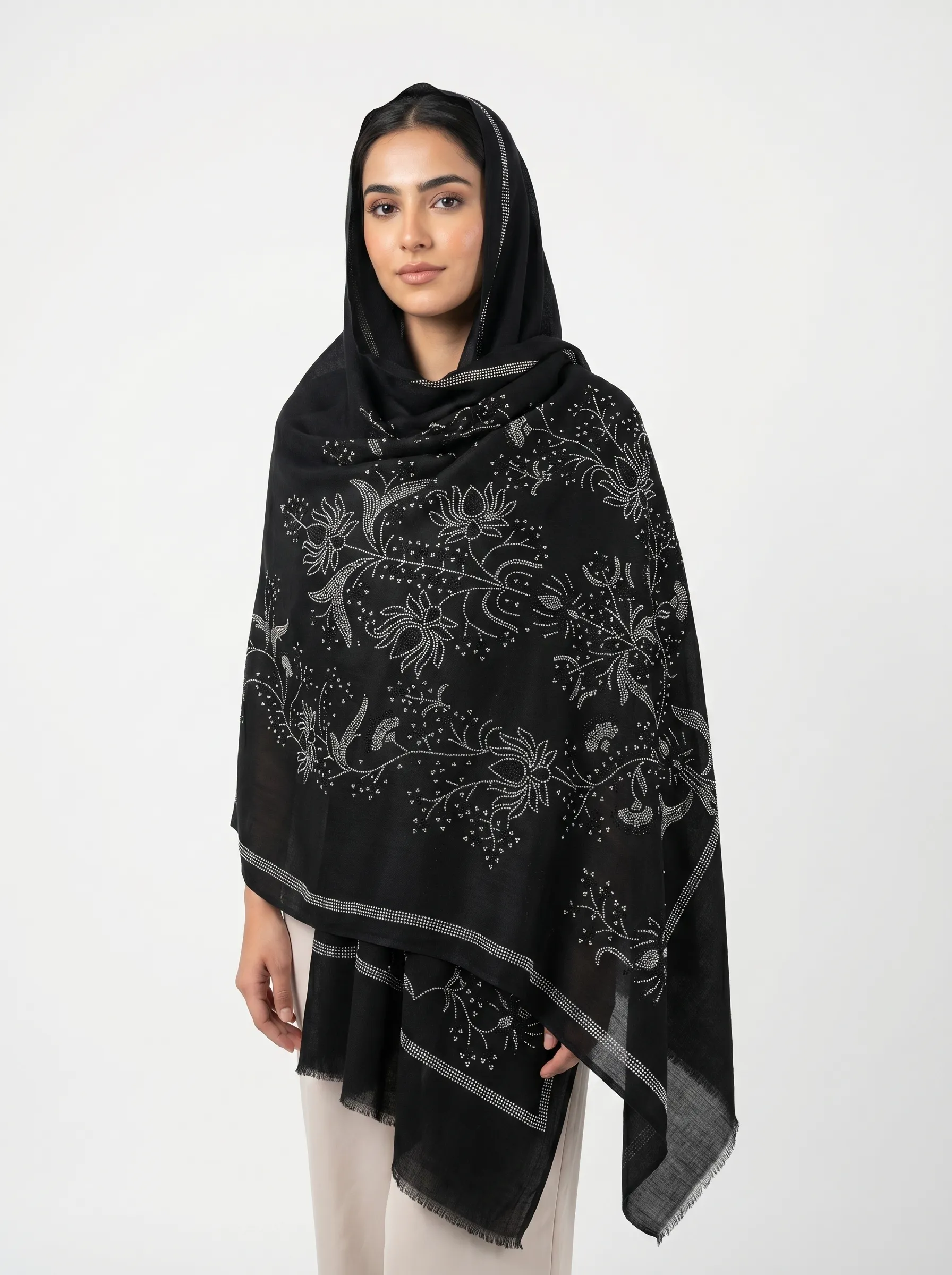 Pashmina Shawl with Lotus Swarovski Embellishments All-Over Pashmina Shawl with Lotus Swarovski Embellishments All-Over