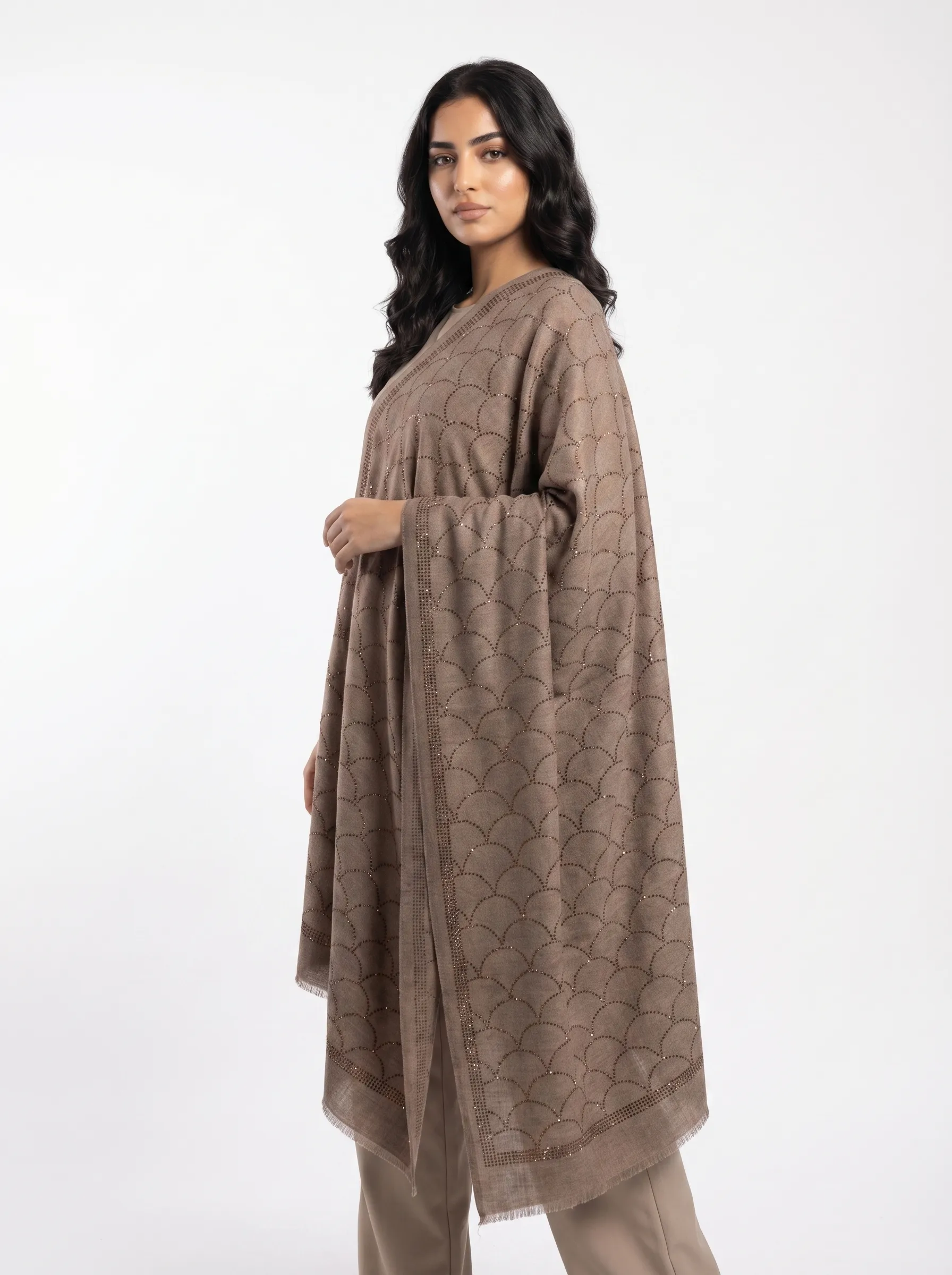 Mocha Pashmina Shawl with All-Over Spiral Swarovski Mocha Pashmina Shawl with All-Over Spiral Swarovski