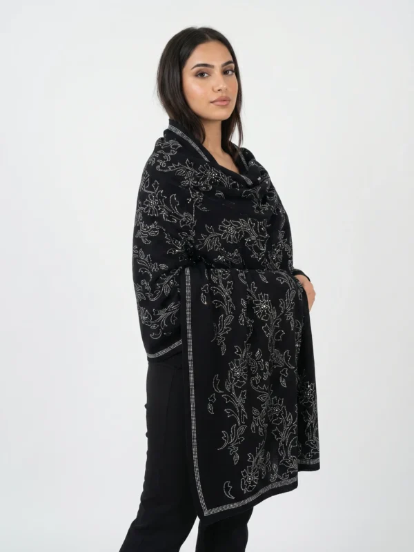 Midnight Black Pashmina Shawl with All-Over Floral Swarovski