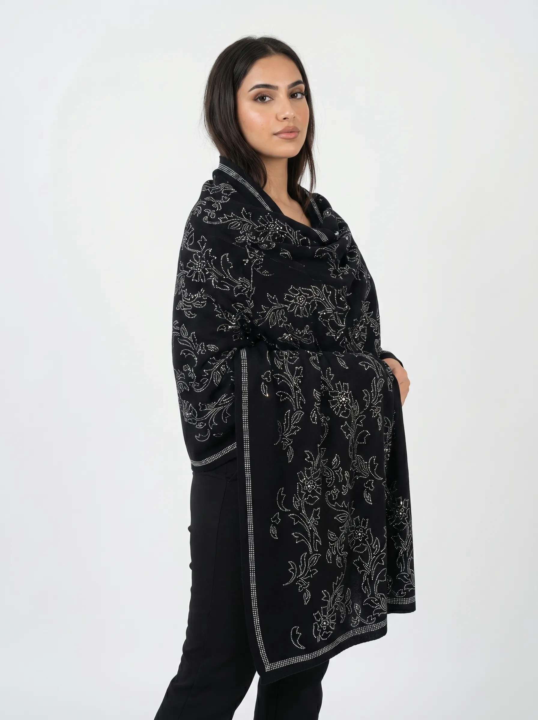 Midnight Black Pashmina Shawl with All-Over Floral Swarovski Midnight Black Pashmina Shawl with All-Over Floral Swarovski