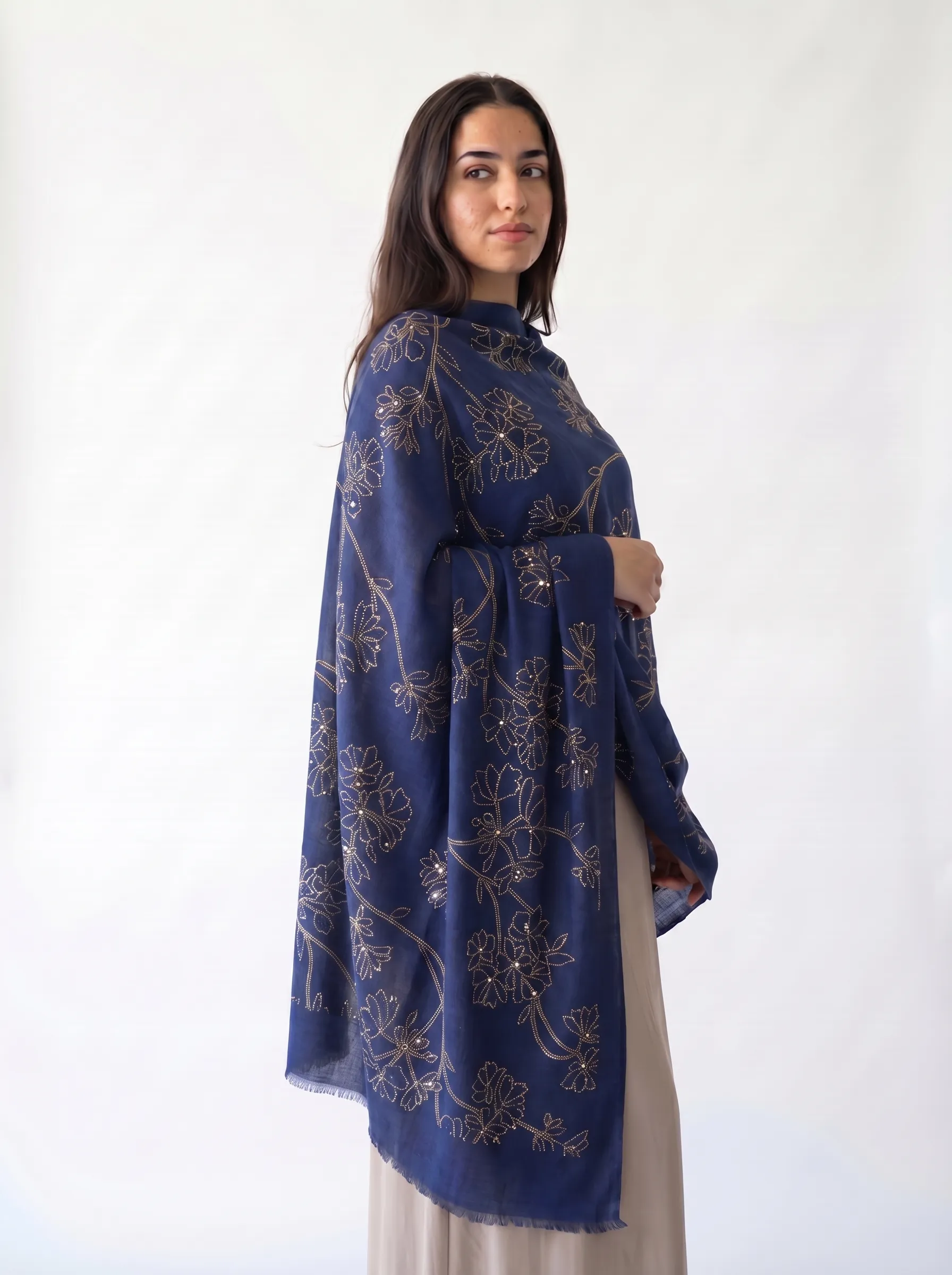 Black Pashmina Shawl With All-Over Swarovski Design Blue Pashmina Shawl With All-Over Swarovski Design