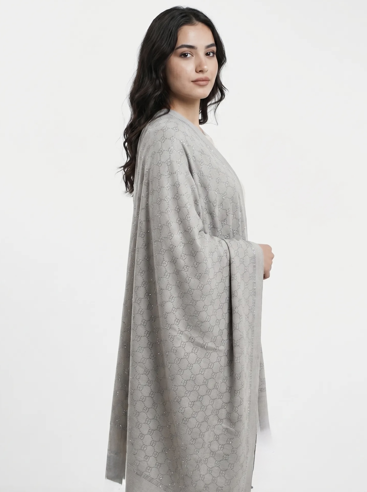 Dove Grey Pashmina Shawl with All-Over Swarovski Embellishments Dove Grey Pashmina Shawl with All-Over Swarovski Embellishments