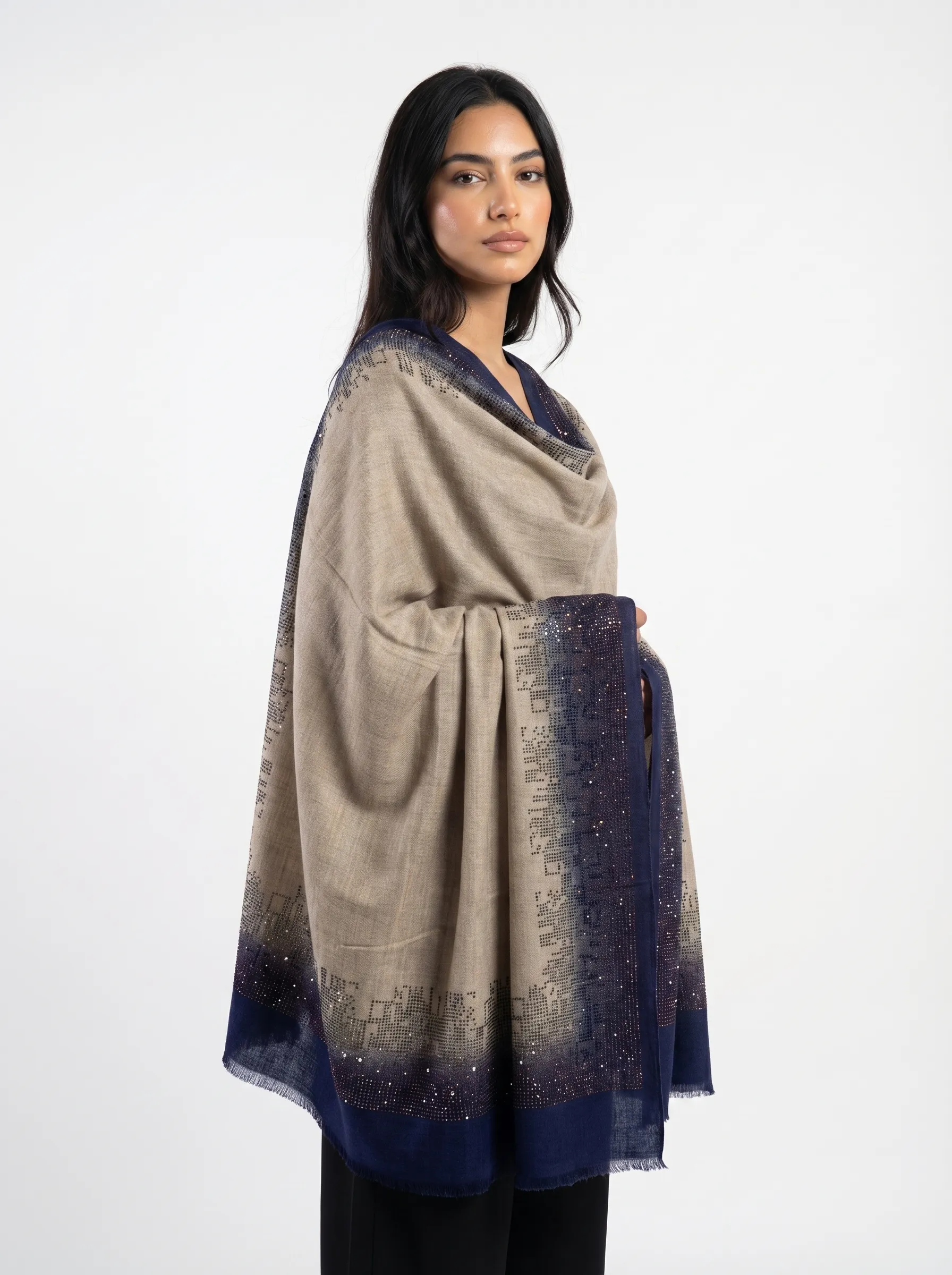 Pashmina Ombre Shawl With Pixel Fade Swarovski Border Pashmina Ombre Shawl With Pixel Fade Swarovski Border