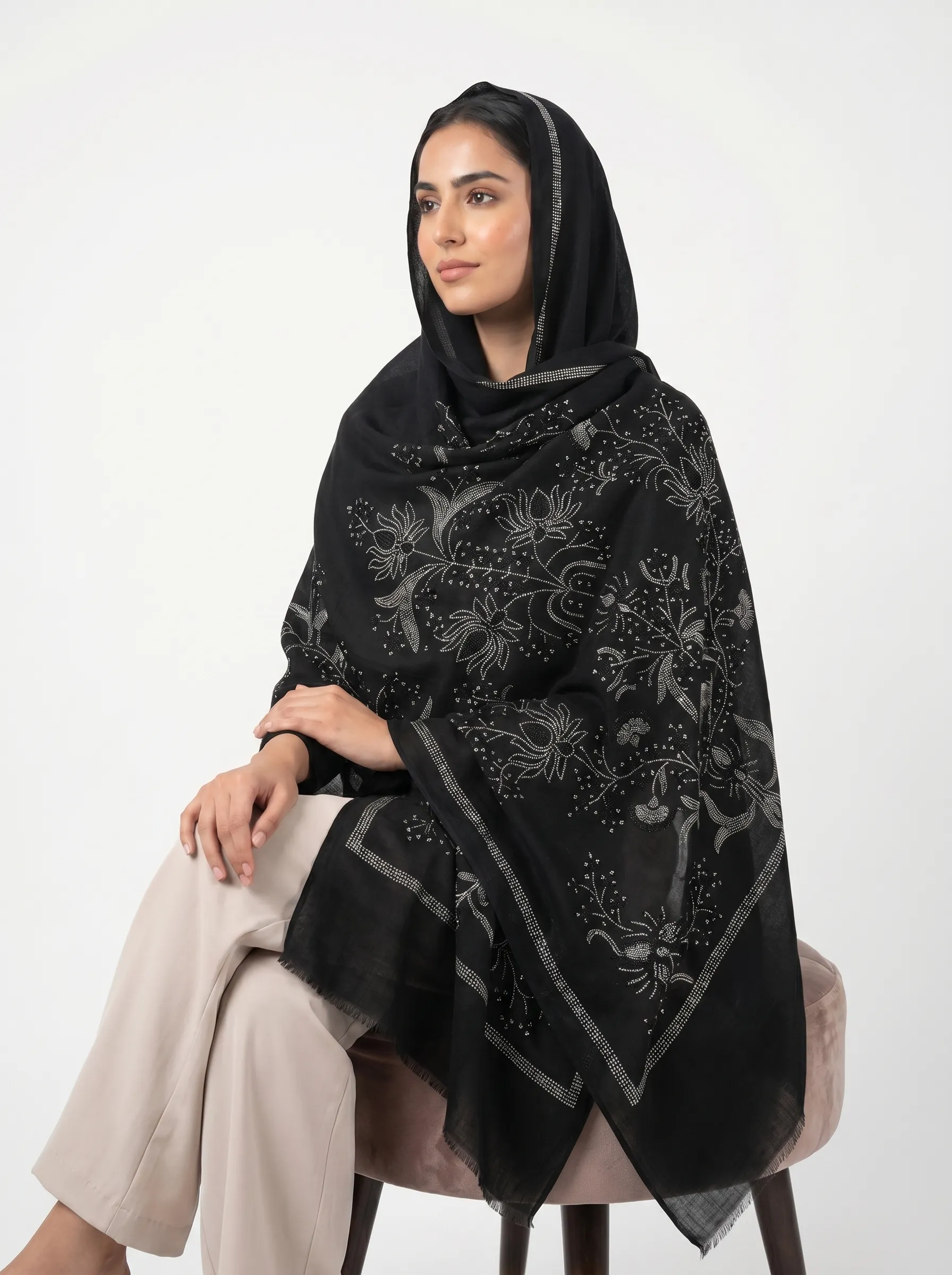 Pashmina Shawl with Lotus Swarovski Embellishments All-Over Pashmina Shawl with Lotus Swarovski Embellishments All-Over