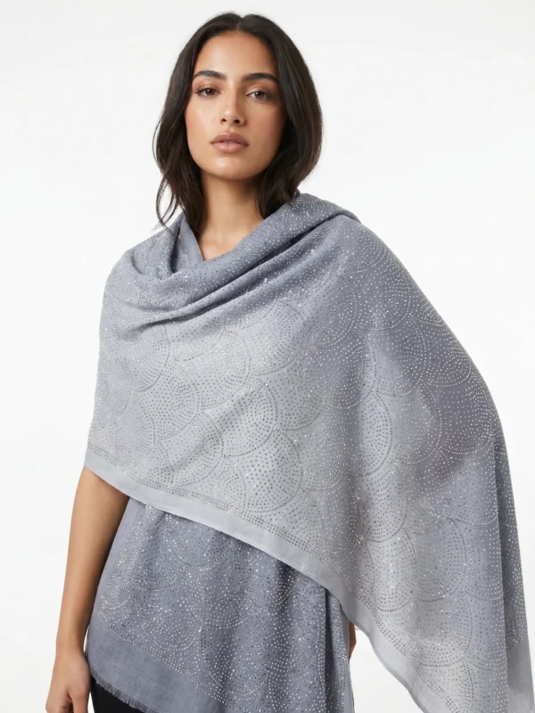 All-Over Swarovski Pashmina Shawl - Steel Mist Ombre Colour