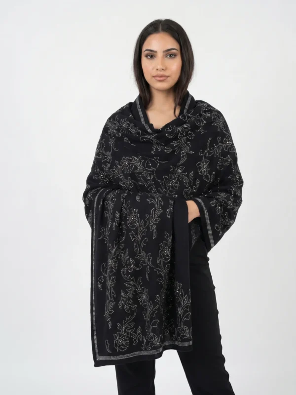 Midnight Black Pashmina Shawl with All-Over Floral Swarovski
