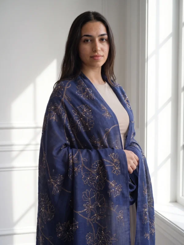 Royal Sapphire Pashmina Shawl with Gold Floral Swarovski