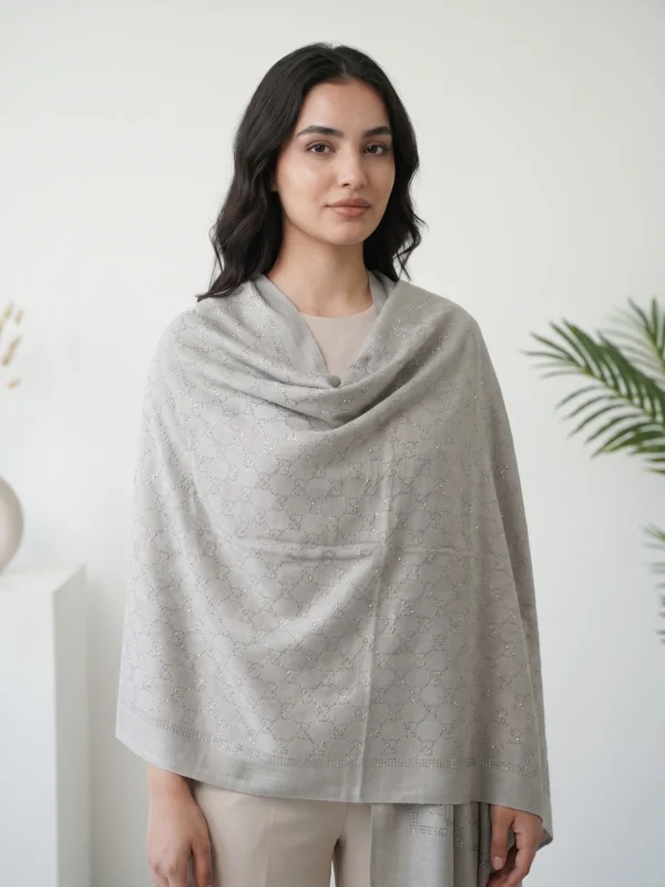 Dove Grey Pashmina Shawl with All-Over Swarovski Embellishments