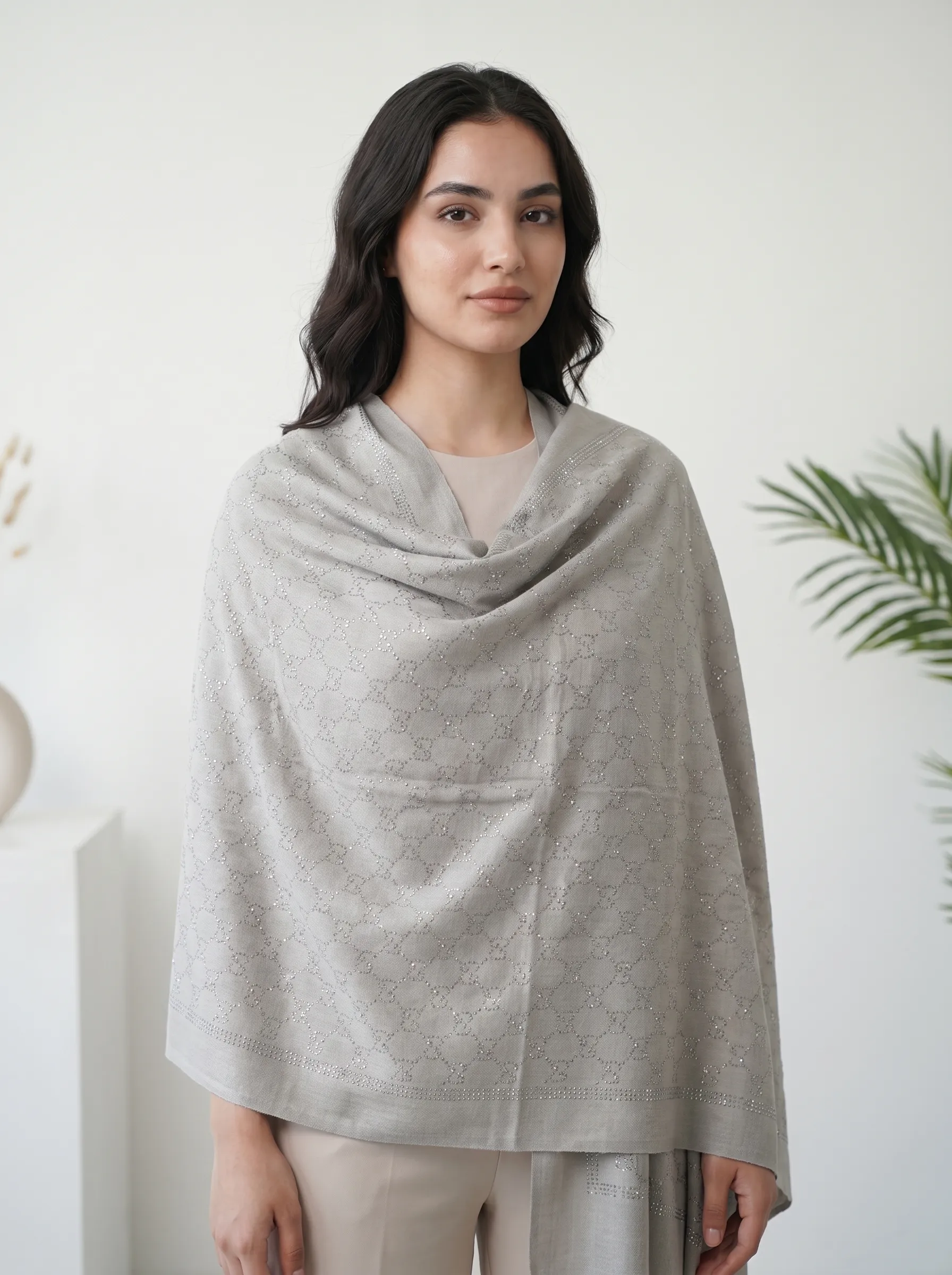Dove Grey Pashmina Shawl with All-Over Swarovski Embellishments Dove Grey Pashmina Shawl with All-Over Swarovski Embellishments