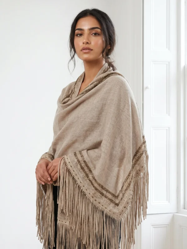 Cashmere Swarovski Shawl With Suede Fringes