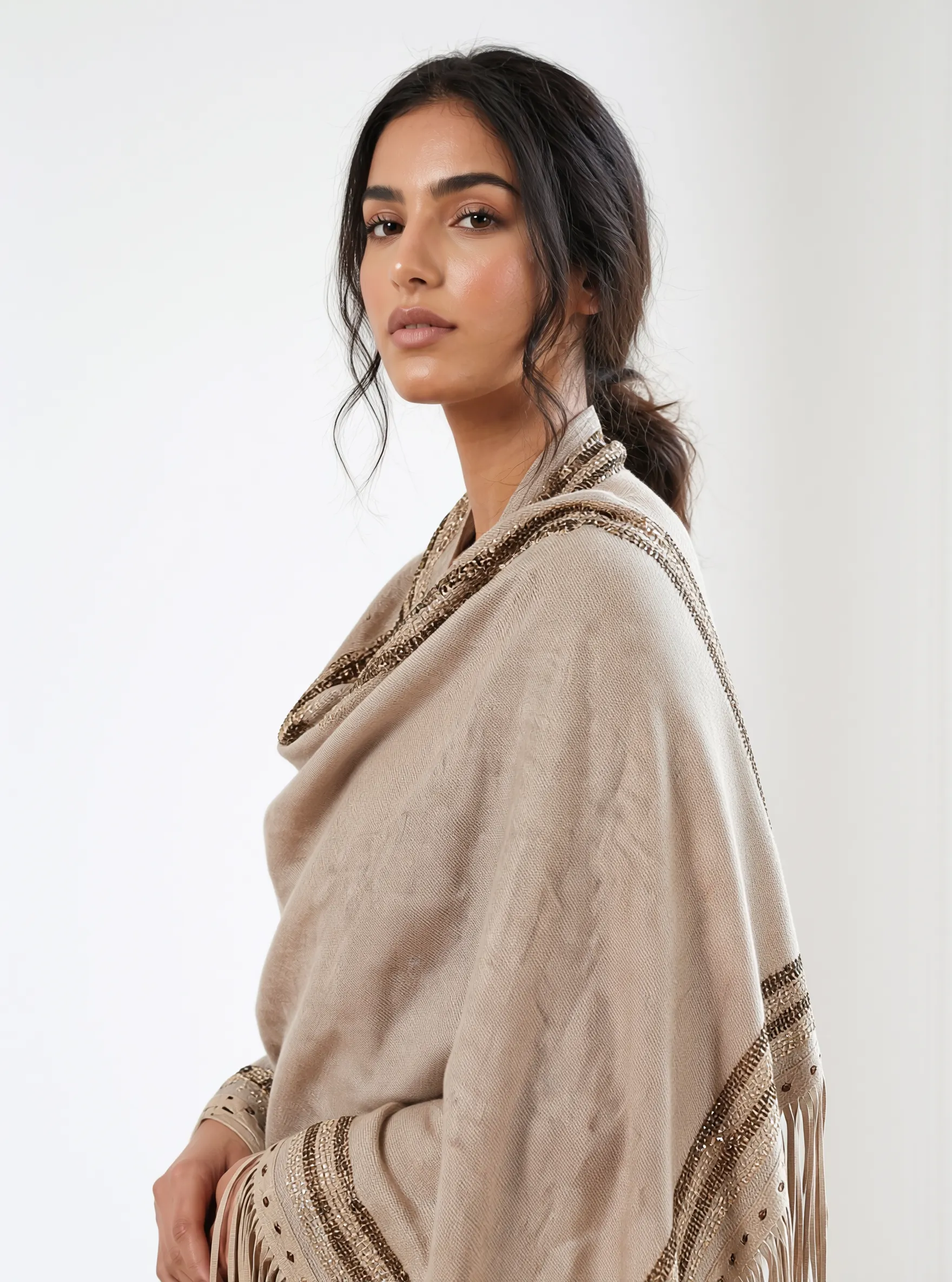 Cashmere Swarovski Shawl With Suede Fringes