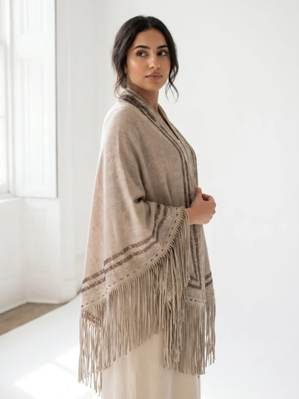 Cashmere Swarovski Shawl With Suede Fringes