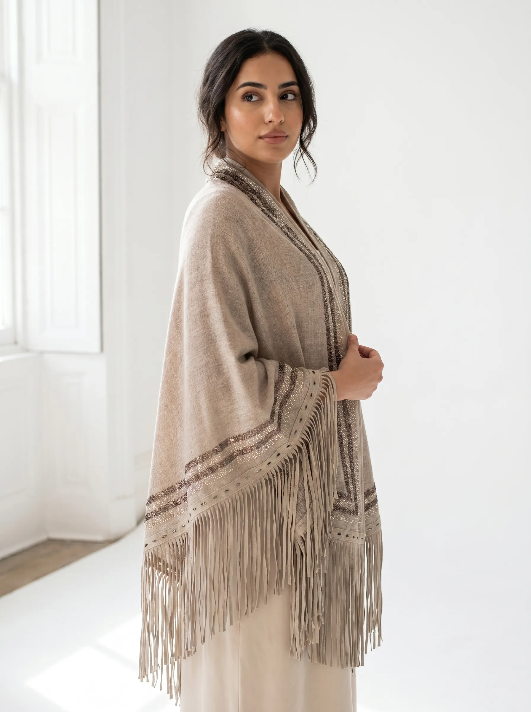 Cashmere Swarovski Shawl With Suede Fringes