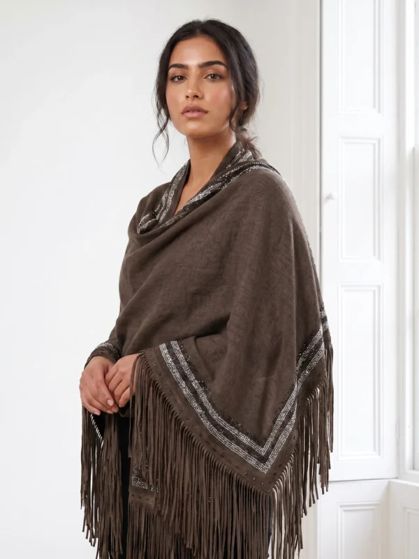 Cashmere Swarovski Shawl With Suede Fringes
