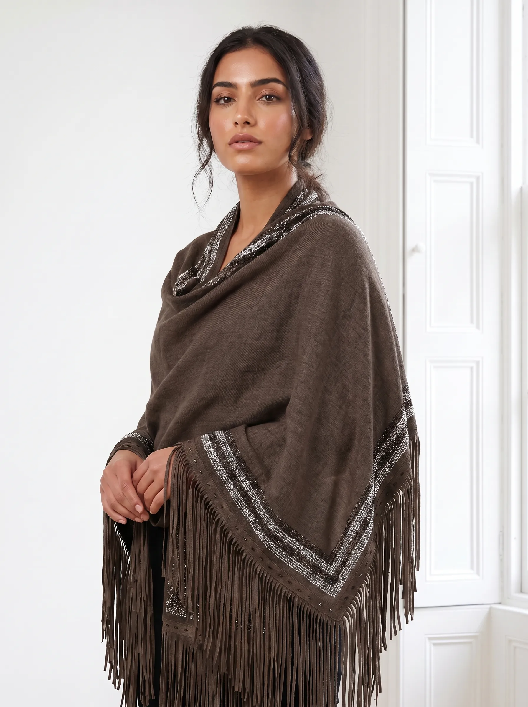 Cashmere Swarovski Shawl With Suede Fringes