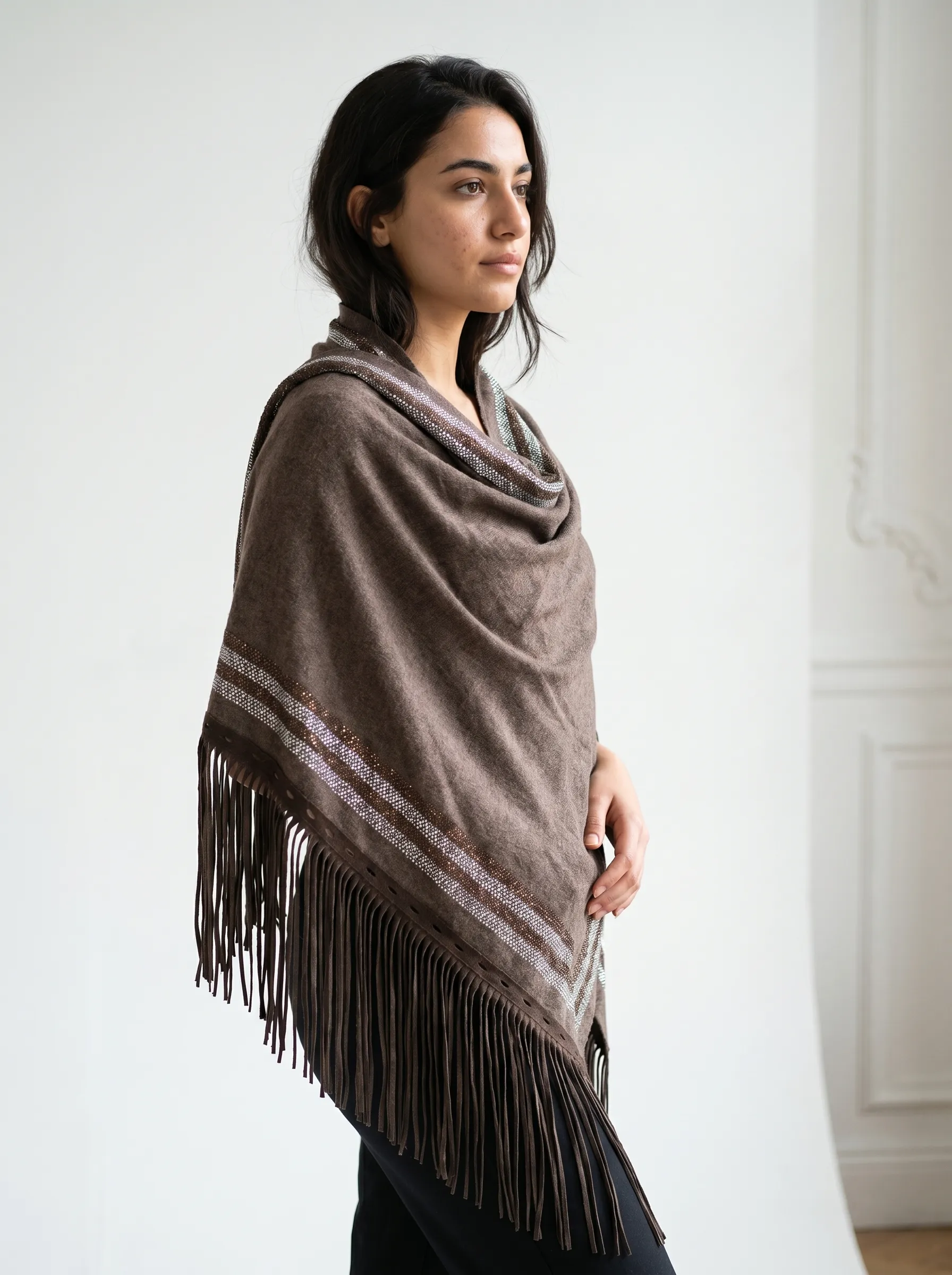 Cashmere Swarovski Shawl With Suede Fringes