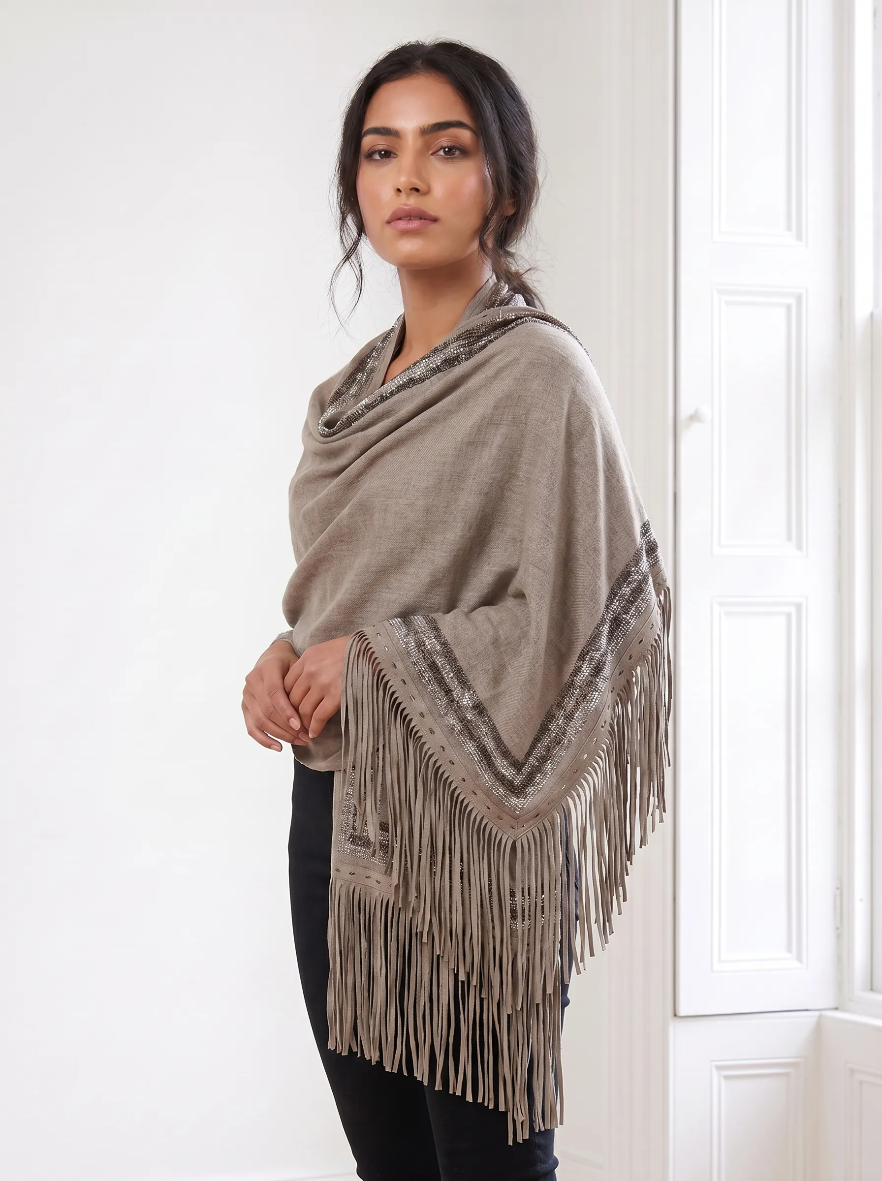 Cashmere Swarovski Shawl With Suede Fringes
