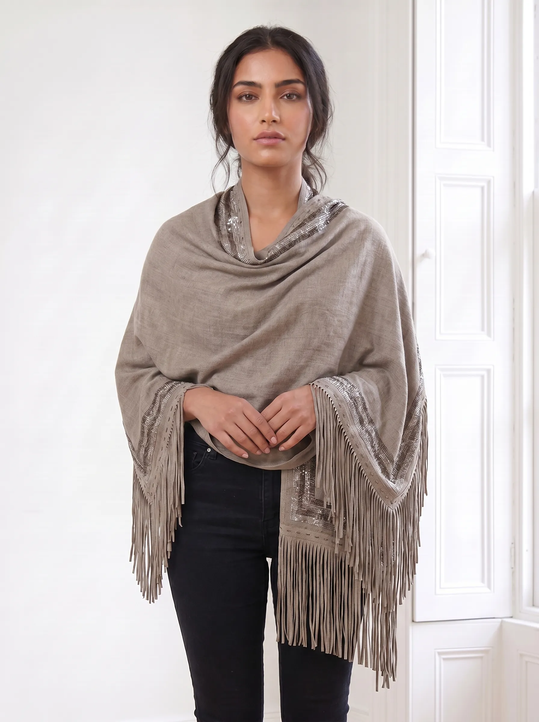 Cashmere Swarovski Shawl With Suede Fringes