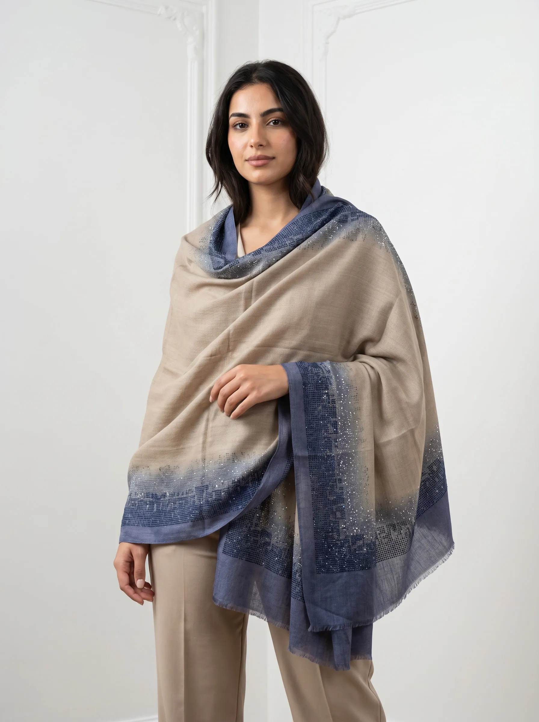 Pashmina Ombre Shawl With Pixel Fade Swarovski Border