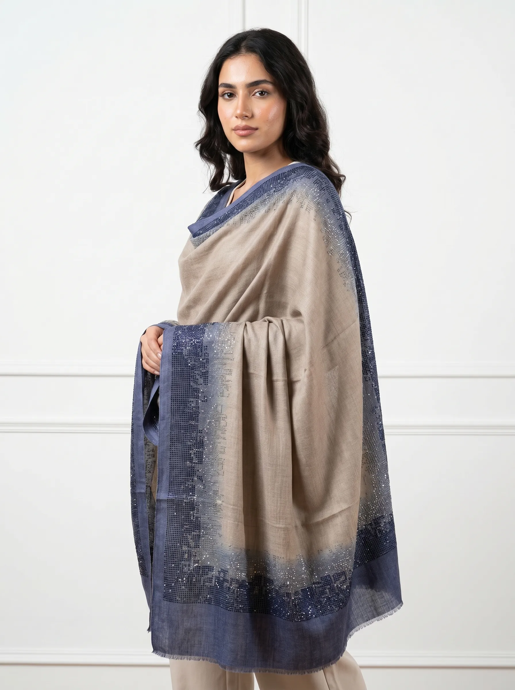 Pashmina Ombre Shawl With Pixel Fade Swarovski Border